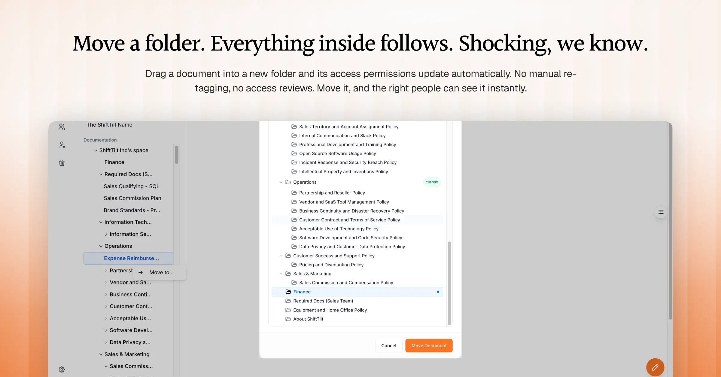 AllyMatter folder structure showing a document being moved between folders, with a destination picker displaying the full documentation hierarchy and a confirmation button to complete the move.
