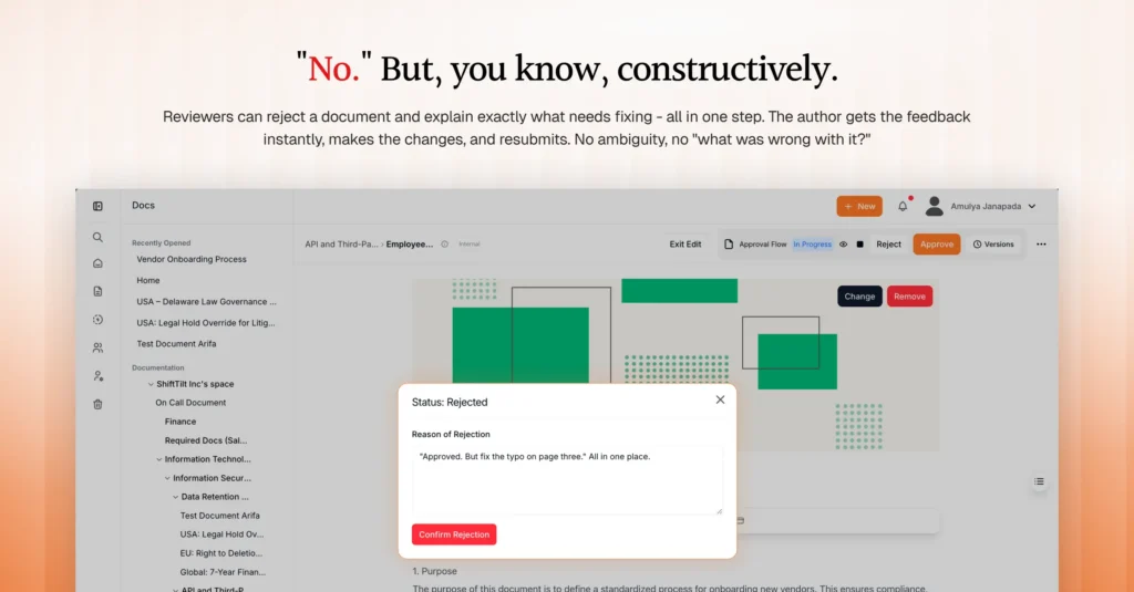 AllyMatter document approval view with Reject and Approve buttons visible, and a Status Rejected dialog open showing a reason-for-rejection field where the reviewer can type feedback before confirming the rejection.