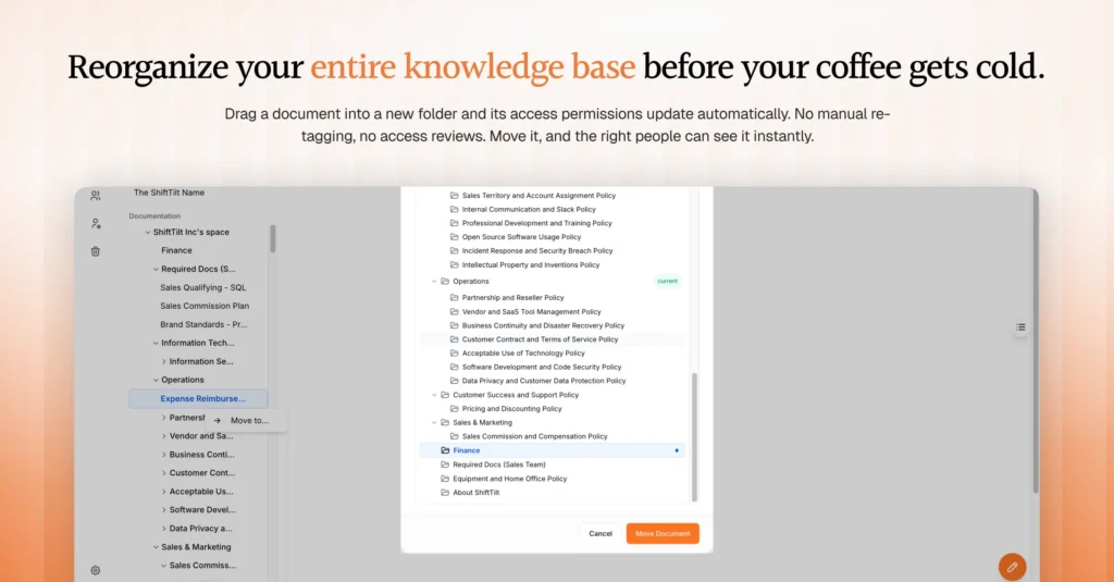 AllyMatter knowledge base showing a document being dragged from one folder to another, with a destination picker displaying the full folder hierarchy and a confirmation button to complete the move.