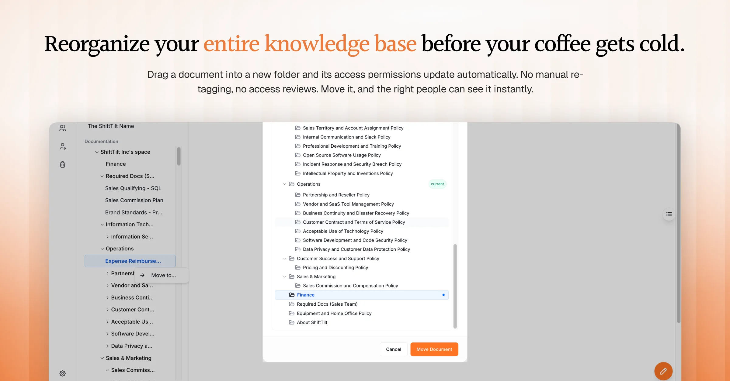 AllyMatter knowledge base showing a document being dragged from one folder to another, with a destination picker displaying the full folder hierarchy and a confirmation button to complete the move.