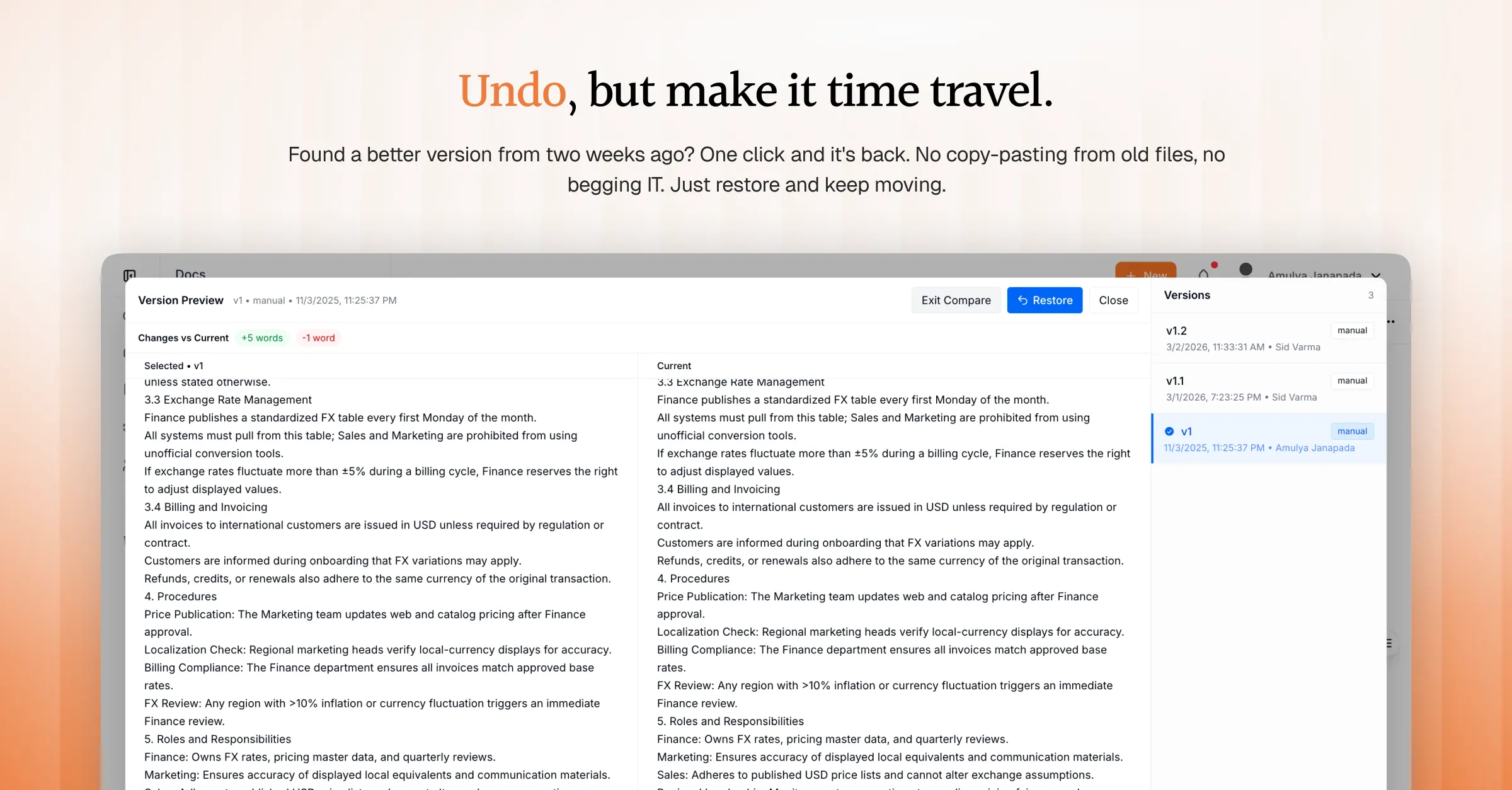 AllyMatter document version history showing a side-by-side comparison between a selected previous version and the current version, with a one-click restore option and a version list displaying timestamps and authors.