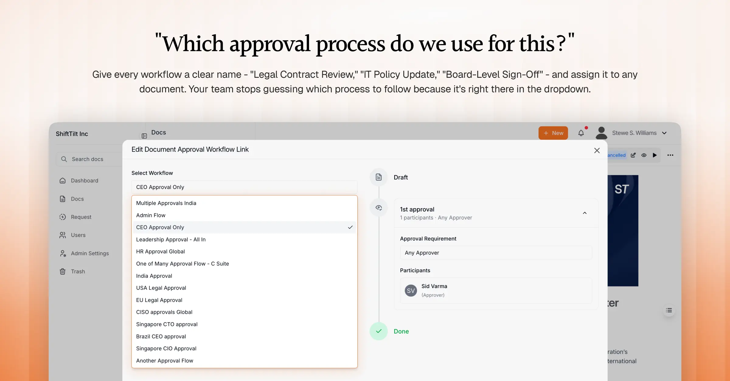 AllyMatter document approval workflow dropdown showing named, reusable workflows like CEO Approval Only and Leadership Approval, with the approval sequence and participants displayed alongside.