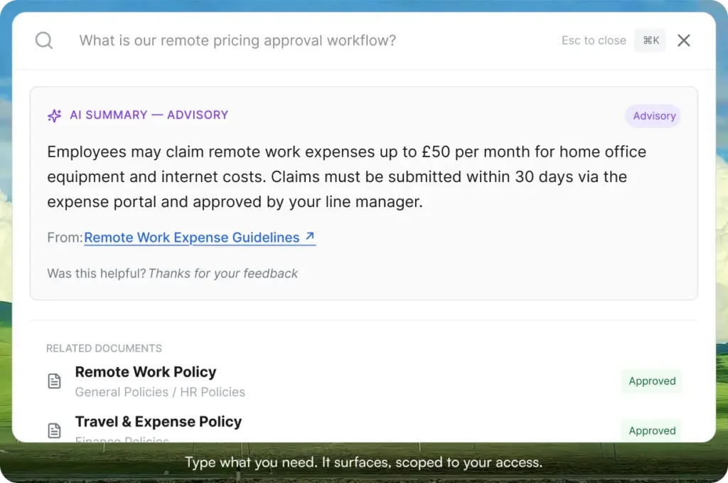 AllyMatter search returning an AI summary of the remote work expense policy with the source document and related policies, scoped to the user's access.