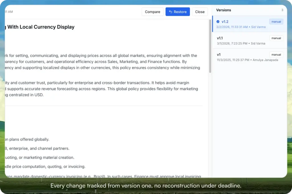 AllyMatter version history panel showing three versions of a pricing policy document — v1, v1.1, and v1.2 — with timestamps and editor names including Amulya Janapada and Sid Varma