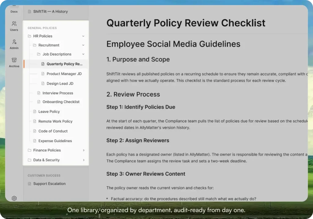 AllyMatter document library showing a structured sidebar with HR Policies, Finance Policies, and Data and Security categories, alongside an open "Quarterly Policy Review Checklist" document for the ShiftTilt workspace