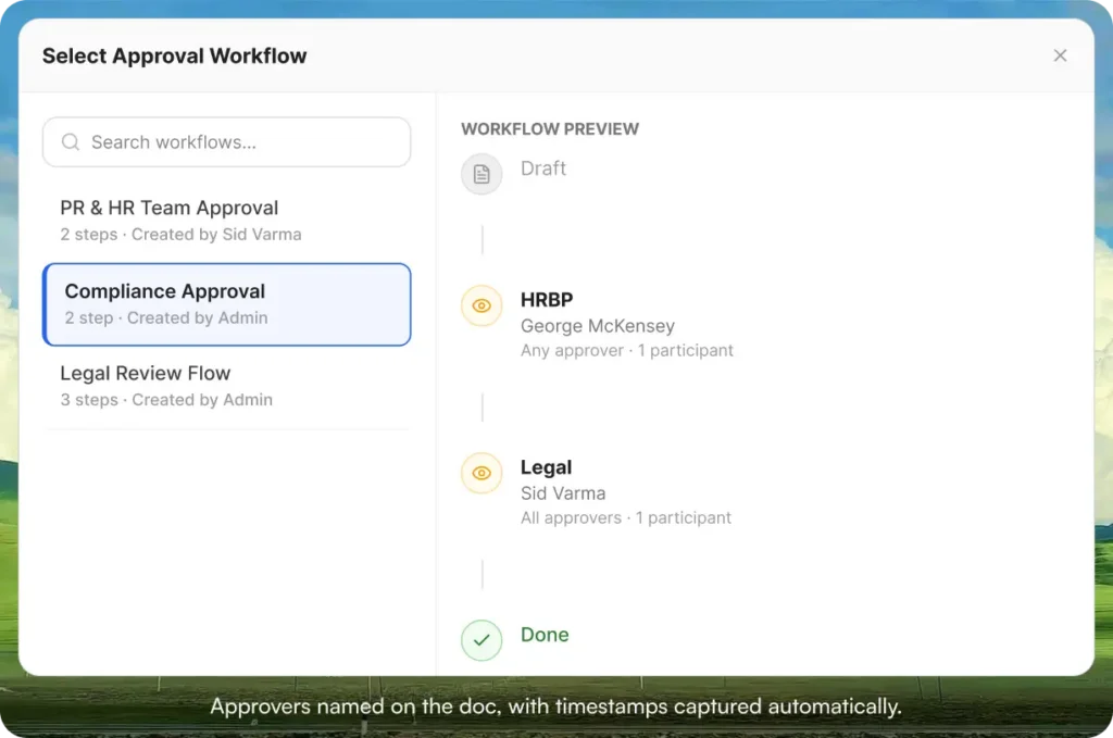 AllyMatter approval workflow selector showing three workflow options including "Compliance Approval," with a preview of a two-stage chain featuring HRBP and Legal approvers, both with review-only access and one participant each