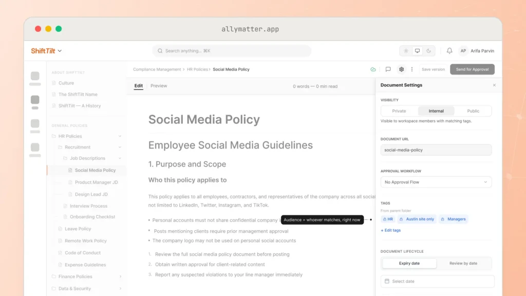 The Social Media Policy open in AllyMatter with the Document Settings panel showing Internal visibility, the document URL, no approval flow, and HR, Austin site only, and Managers tags, annotated that the audience is whoever matches the tags right now.