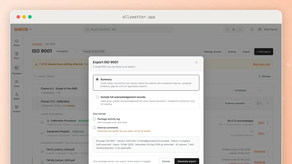 An "Export ISO 9001" dialog in AllyMatter offering a Summary export or full acknowledgement records as a single PDF for an auditor, with options to add the activity log or internal comments.