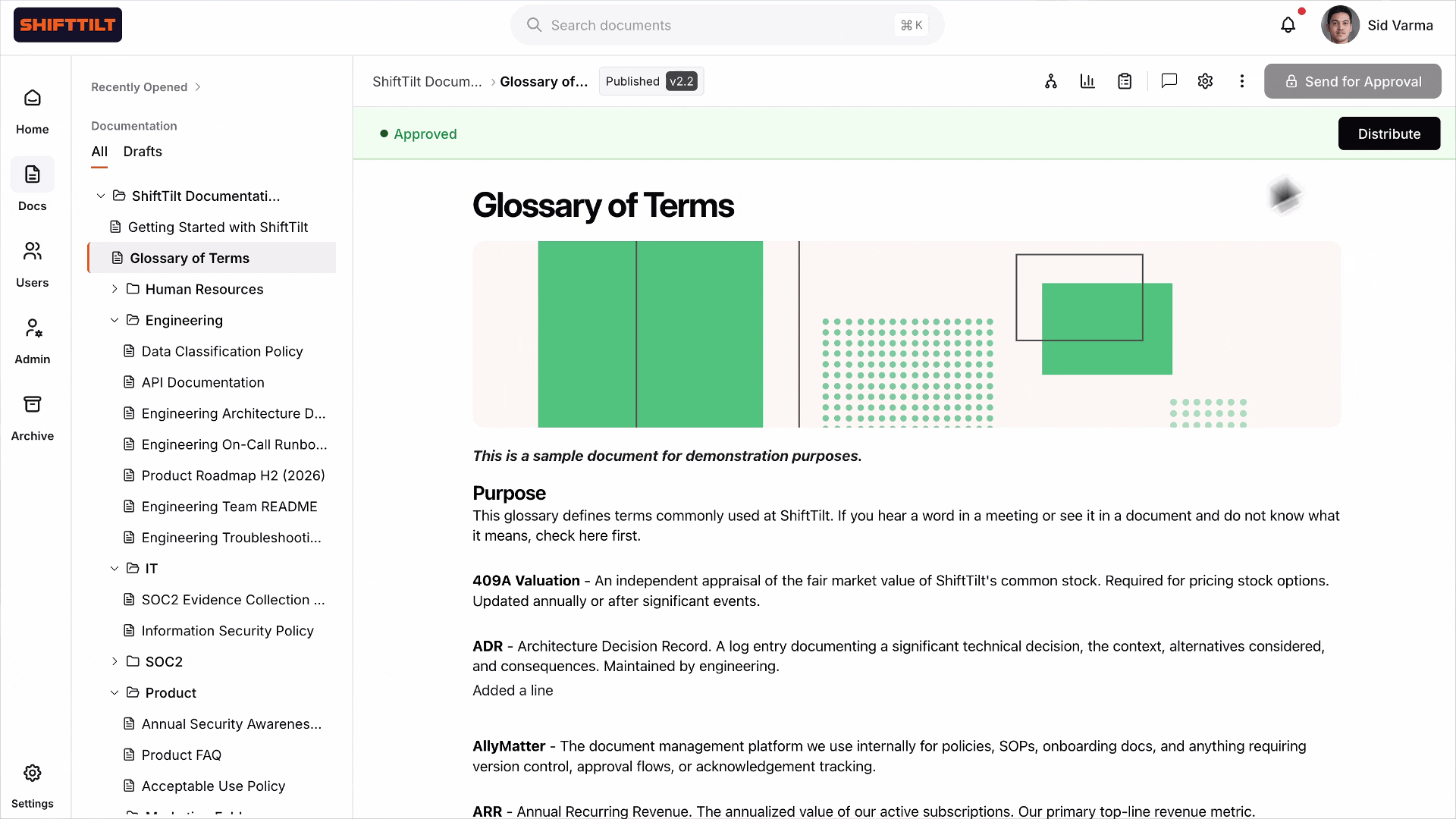 An approved, published policy in AllyMatter being distributed to its assigned audience so each employee's acknowledgment is captured and tracked by version.
