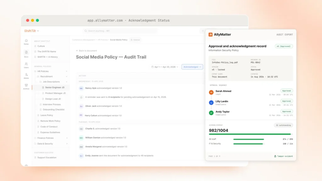 AllyMatter tamper-evident audit export showing an approval sequence and 982 of 1004 acknowledgments for a policy.