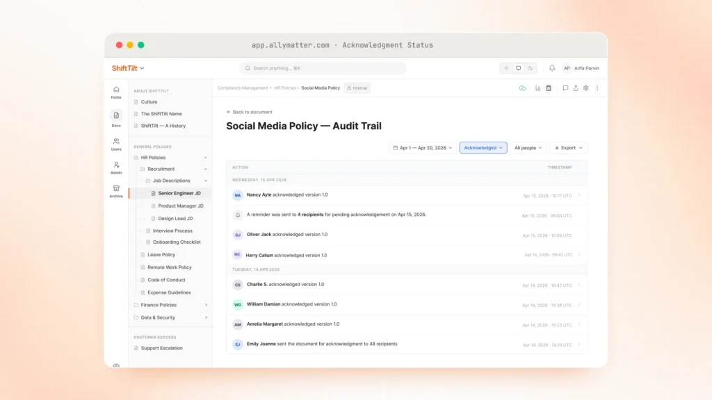 AllyMatter audit trail listing employees who acknowledged version 1.0 of a policy, each with a timestamp