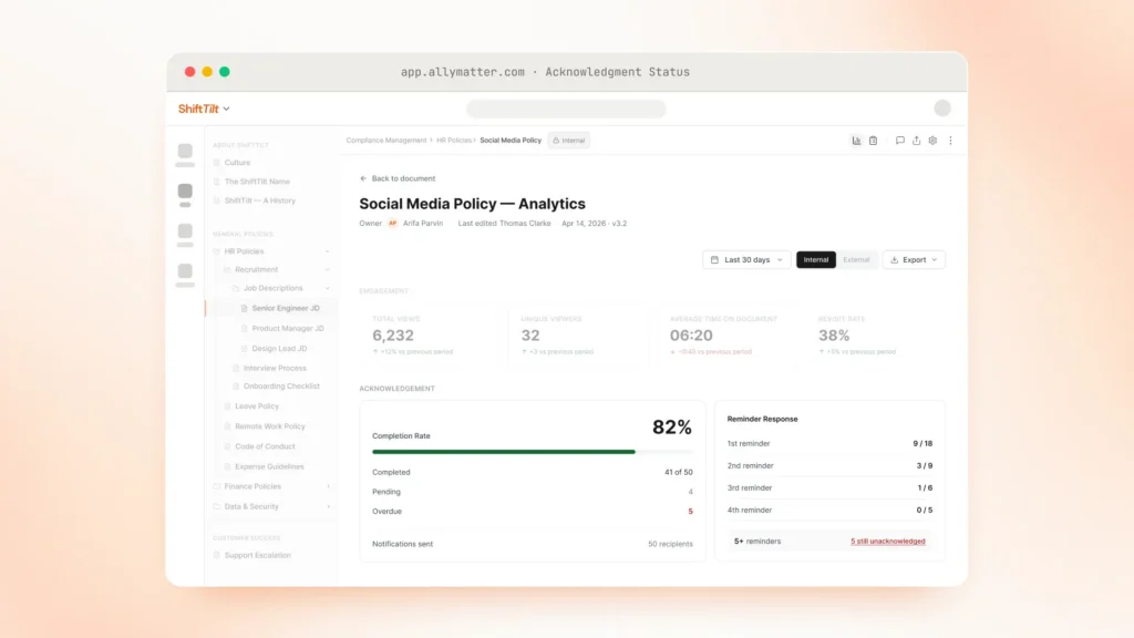 AllyMatter acknowledgment status view showing 82% completion with completed, pending, and overdue counts
