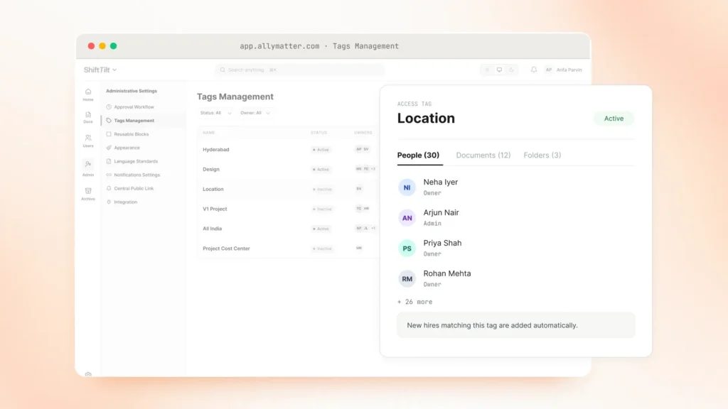 AllyMatter tags management showing a Location access tag with 30 people and a note that new hires are added automatically