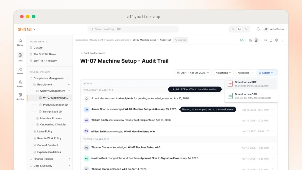 Audit trail for the WI-07 Machine Setup work instruction, listing dated, timestamped entries such as a reminder sent, acknowledgments by James Noah, William Smith, and Thomas Clarke, and a workflow change from Approval Flow to Signature Flow. An open Export menu offers Download as PDF and Download as CSV.