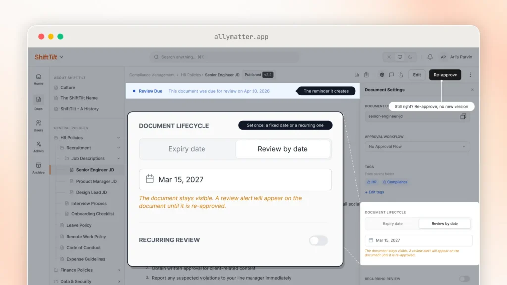 A published v2.2 document with a Review Due banner reading “This document was due for review on Apr 30, 2026” and a Re-approve button. An enlarged Document Lifecycle panel shows the Review by date set to Mar 15, 2027, with a note that the document stays visible and a review alert appears until it is re-approved.